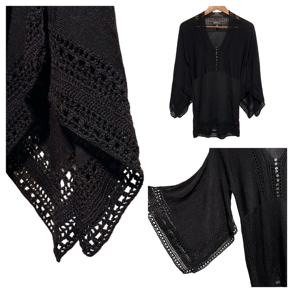 Black Crochet Bell Sleeve Top Romantic Goth Witchy Stevie Nicks Boho Gypsy M